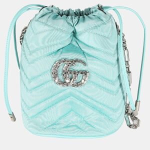 Gucci Blue Moire Fabric Matelasse Crystal GG Mini Marmont Bucket Bag