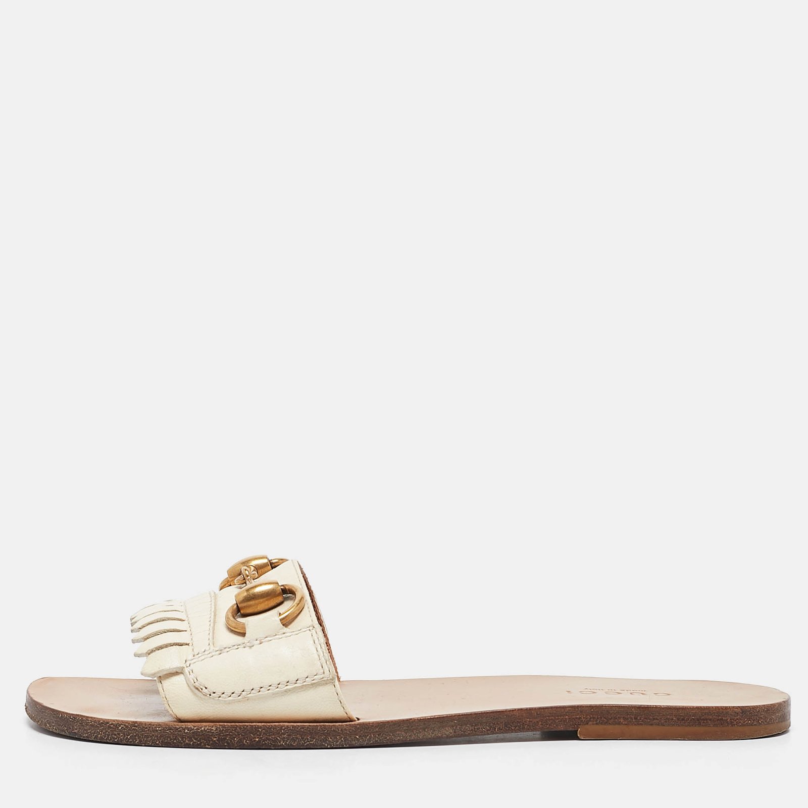 Gucci Cream Leather Horsebit Fringe Detail Flat Slides Size 34