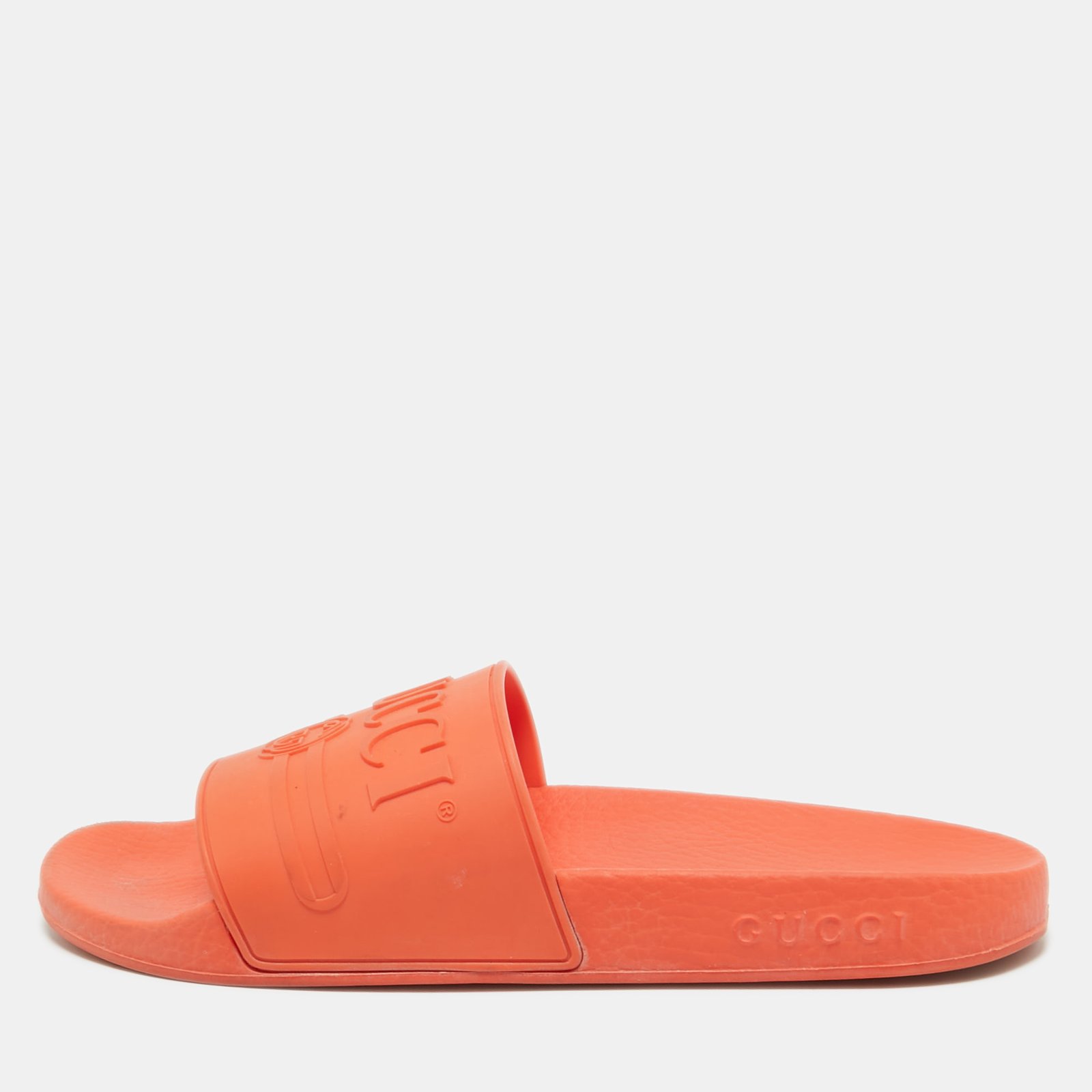 Gucci Orange Rubber Logo Pool Slides Size 38