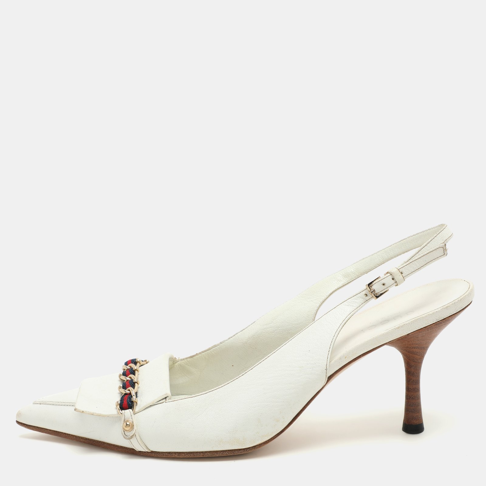 Gucci White Leather Web Chain Embellished Slingback Pumps 36