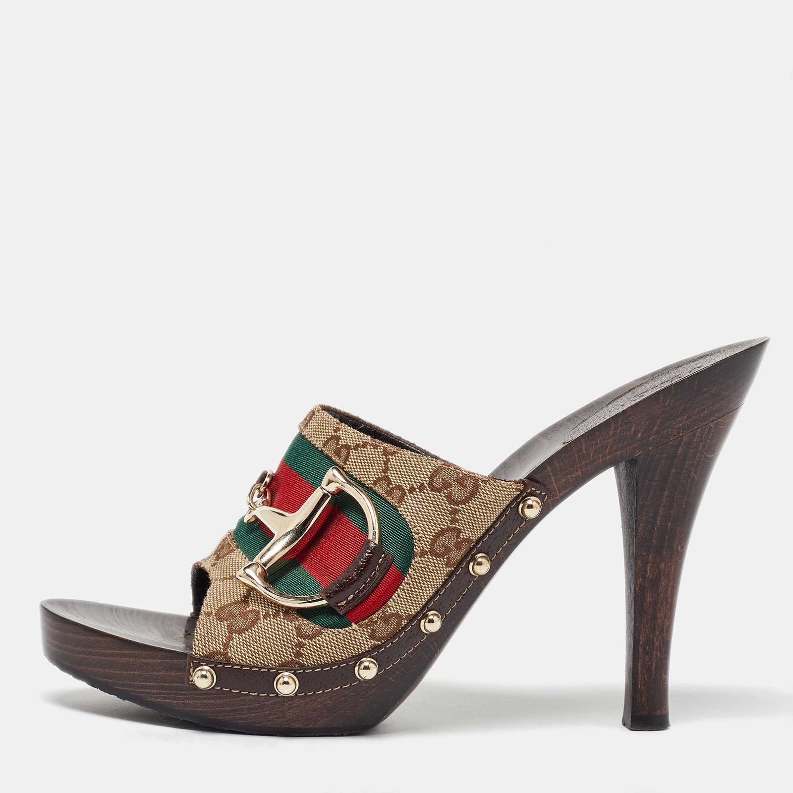 Gucci Beige/Brown GG Canvas and Leather Web Horsebit Wooden Platform Sandals Size 41