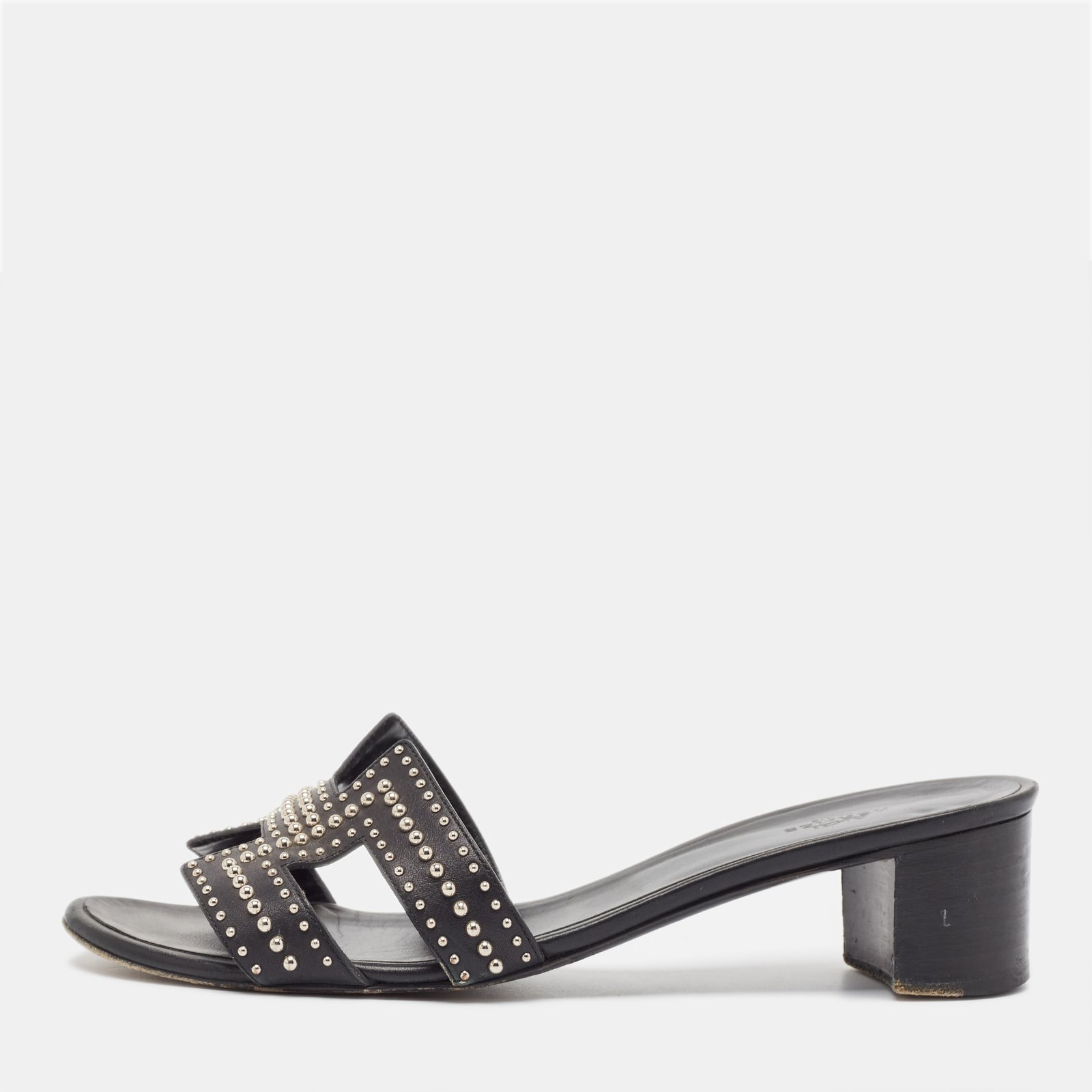 Hermes Black Leather Studded Oasis Slide Sandals Size 40