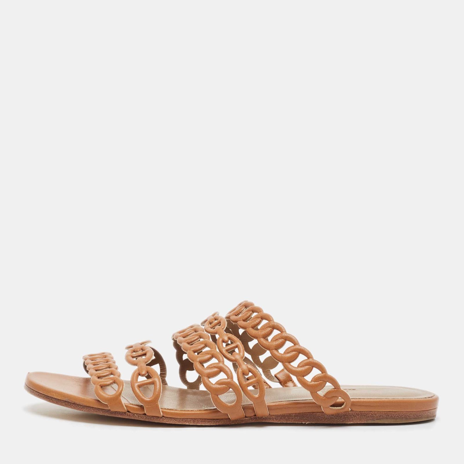 Hermes Tan Leather Chaine D'ancre Flat Slides Size 36.5