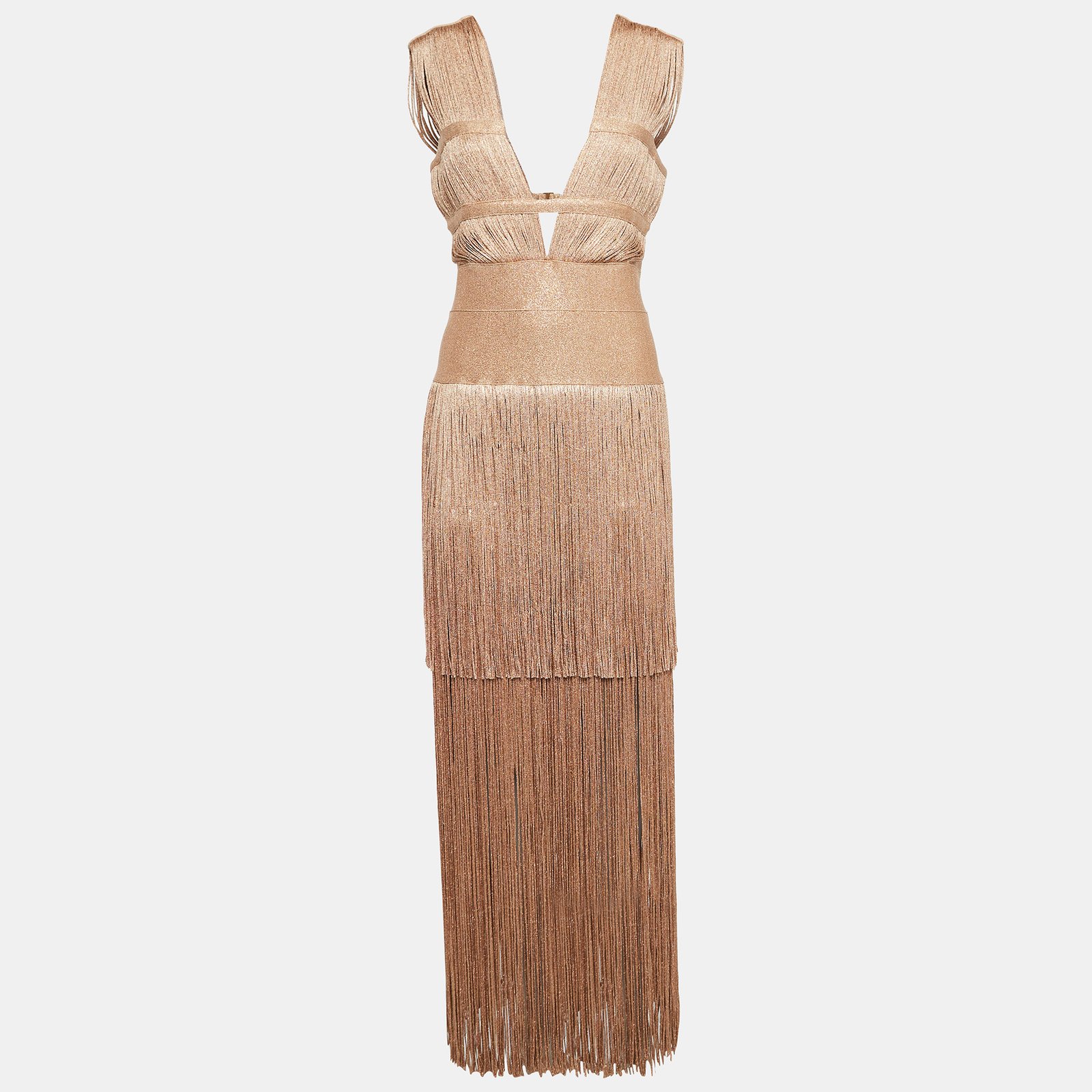 Herve Leger Metallic Lurex Knit Fringed Bodycon Evening Gown M