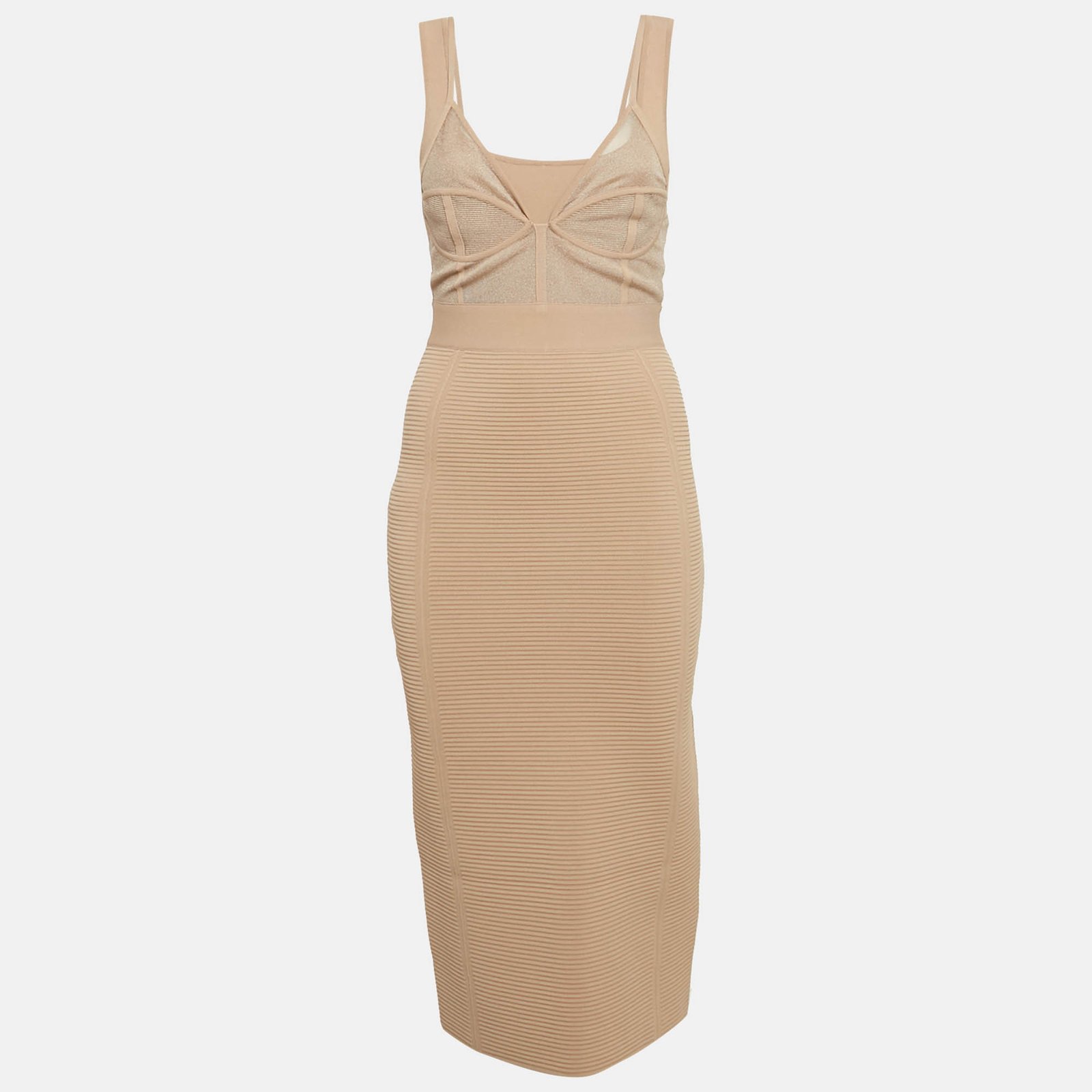 Herve Leger Beige Patterned Jersey Corset Midi Dress S