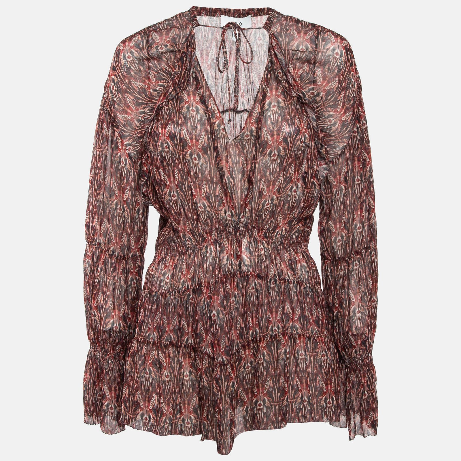IRO Red Printed Crepe Tiered Semi Sheer Janie Blouse M