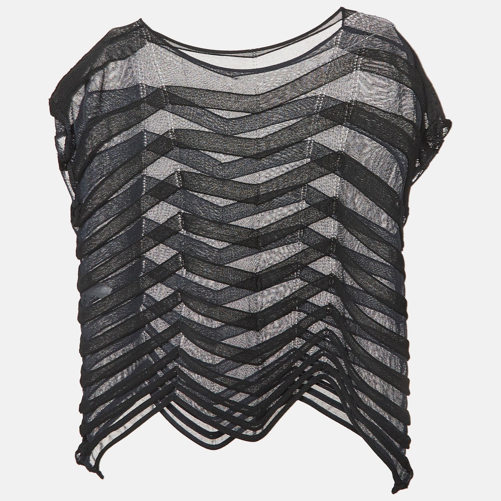 Issey Miyake Navy Blue Chevron Jelly Knit Sheer Top S