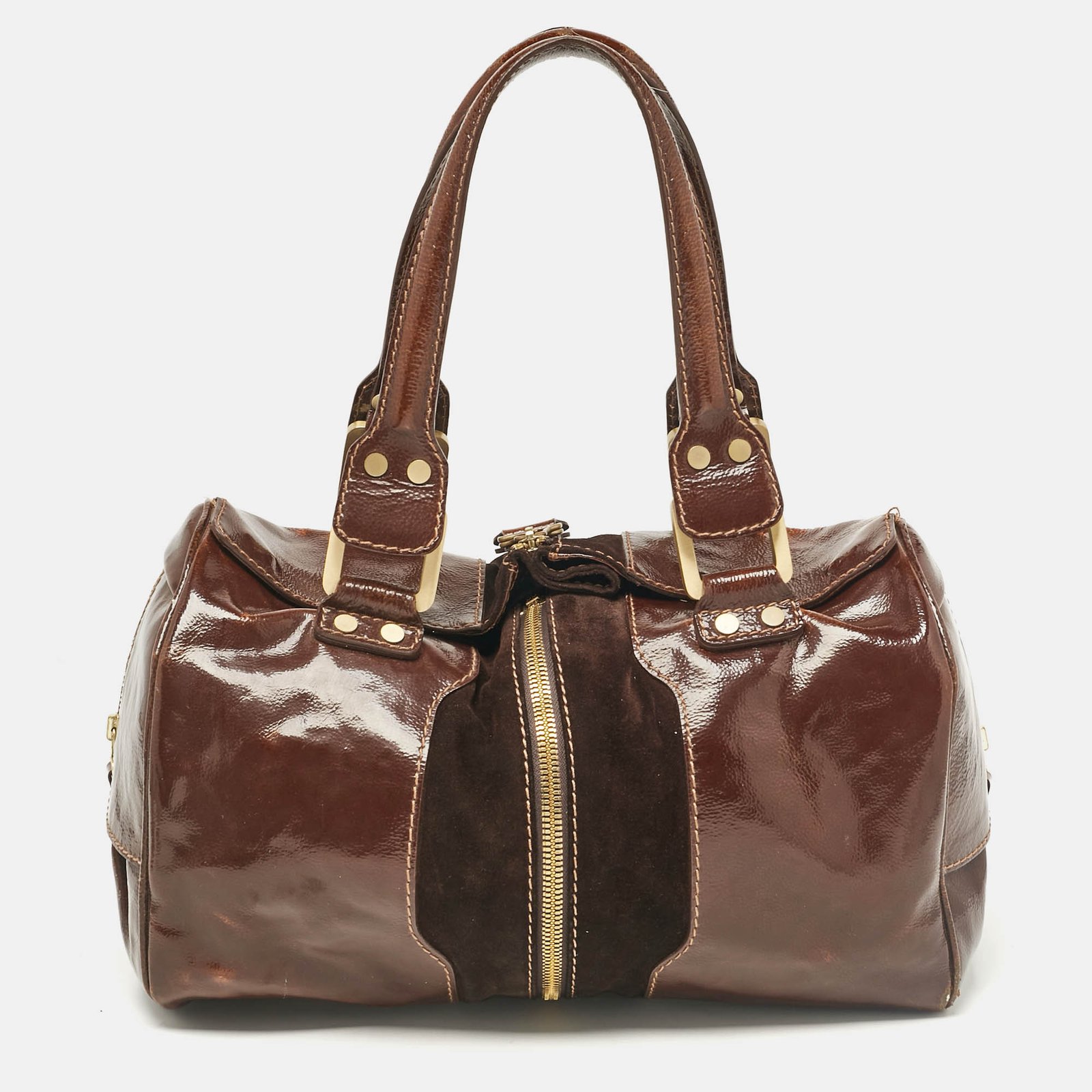Jimmy Choo Brown Patent Leather and Suede Large Marla Bag