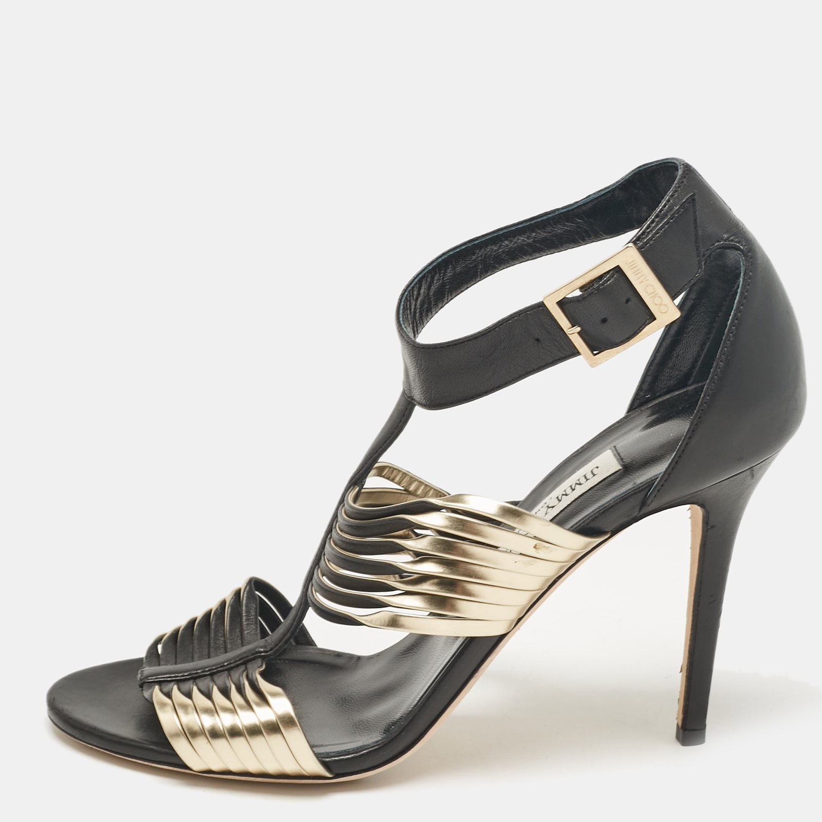 Jimmy Choo Black/Gold Leather Ankle Strap Sandals Size 39.5
