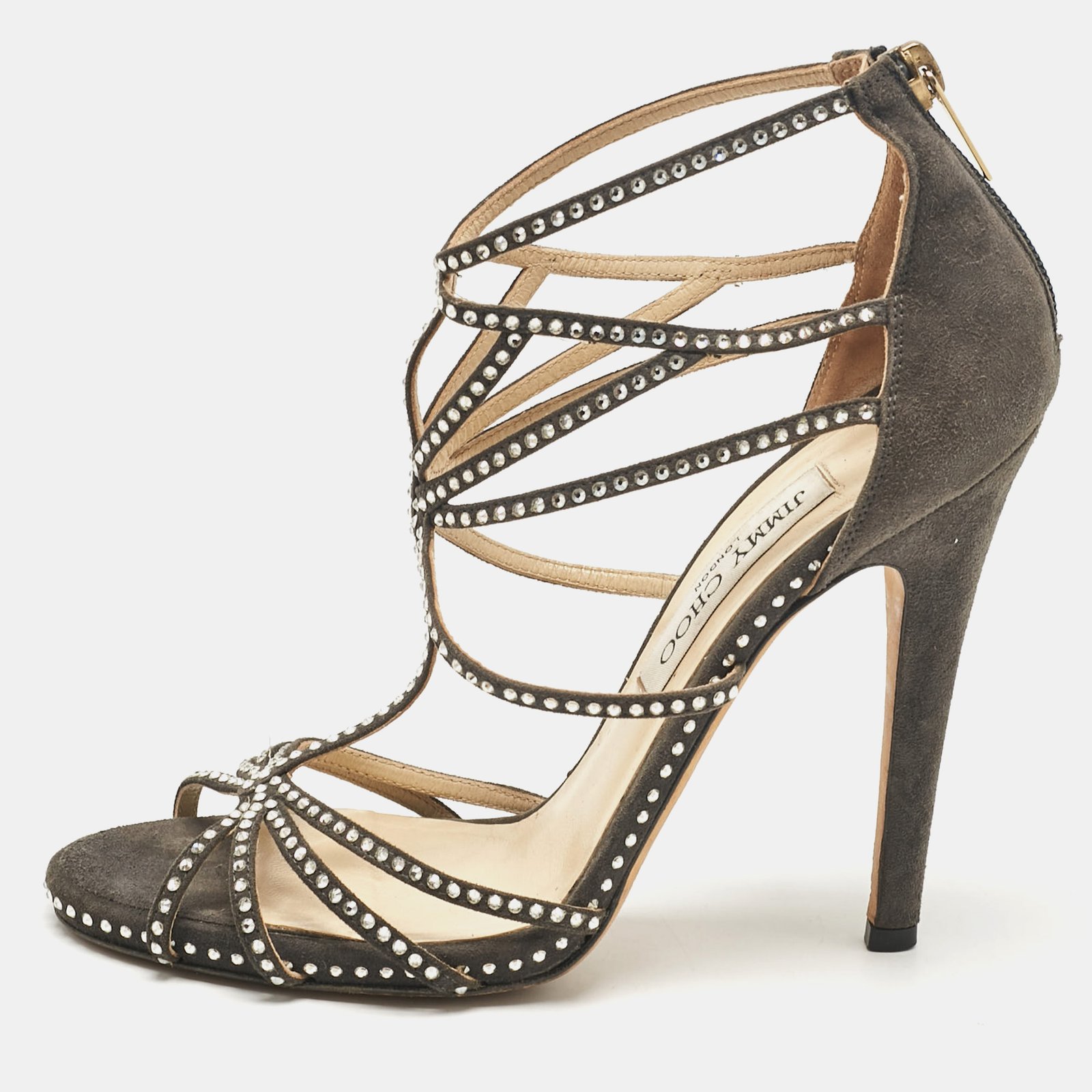 Jimmy Choo Grey Suede Crystal Embellished Strappy Sandals Size 38.5