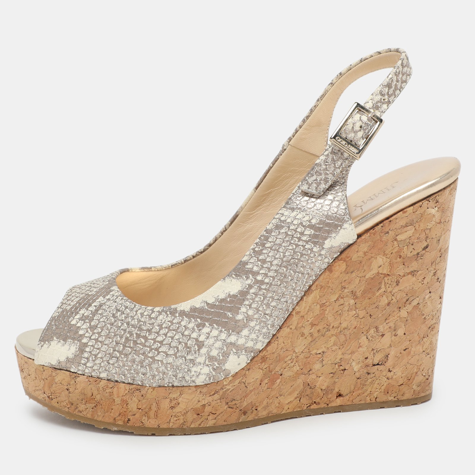 Jimmy Choo Multicolor Python Embossed Leather Cork Wedge Sandals Size 37