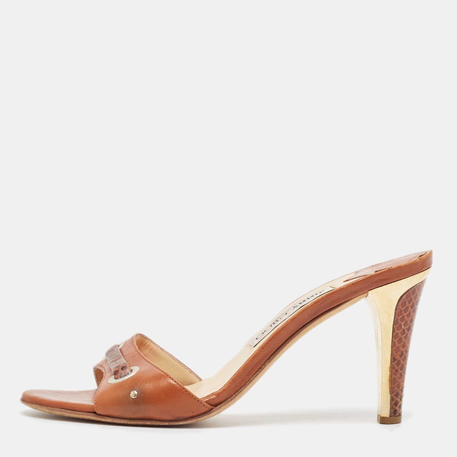 Jimmy Choo Brown Leather and Snakeskin Leather Slide Sandals Size 37.5