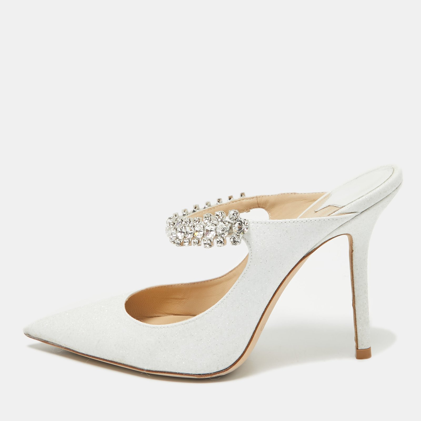 Jimmy Choo White Glitter Bing Mules Size 35