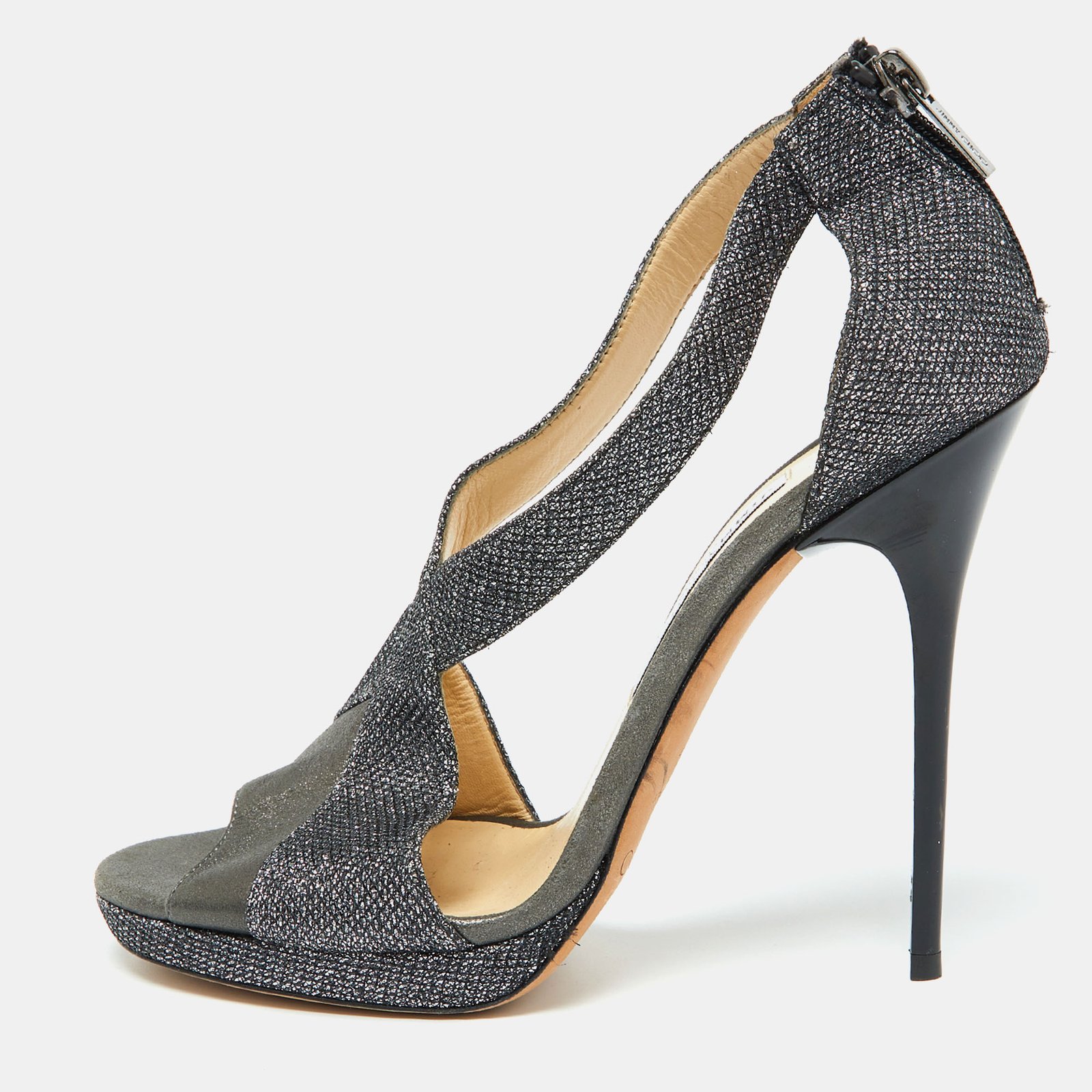 Jimmy Choo Grey Leather and Coarse Glitter Open Toe Sandals Size 39.5