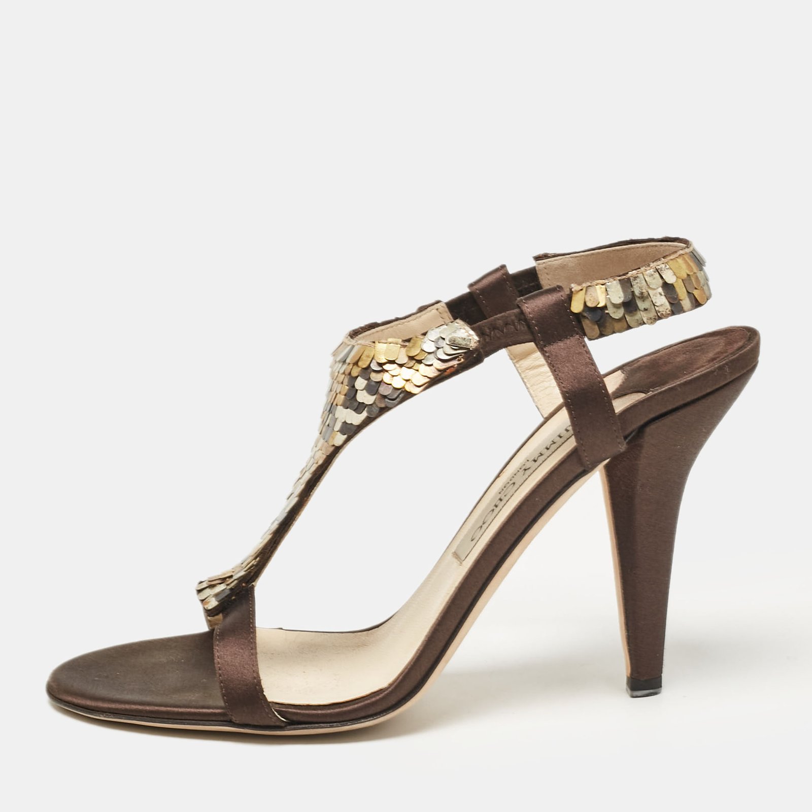 Jimmy Choo Dark Brown/Beige Satin Sequins Embellished T-Strap Sandals Size 38.5