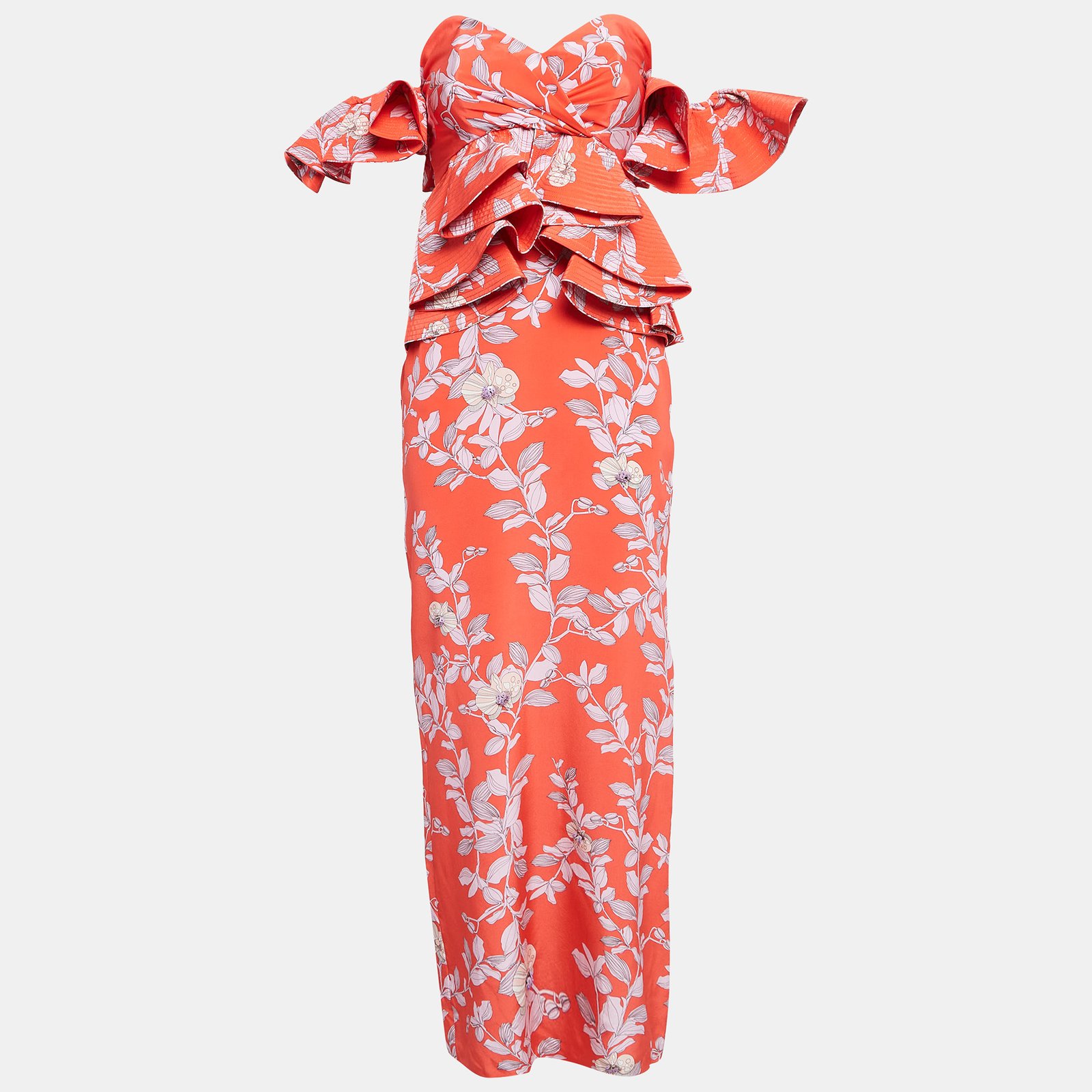 Johanna Ortiz Red Bougainvillea Print Silk Off-Shoulder Maxi Dress M
