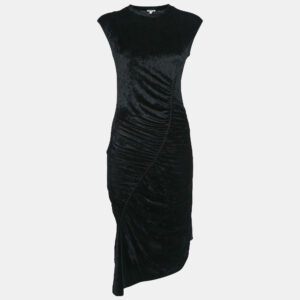 Kenzo Black Stretch Velour Ruched Asymmetric Midi Dress S