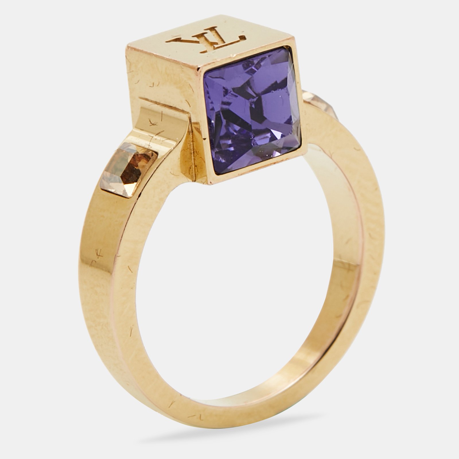 Louis Vuitton Gamble Crystal Gold Tone Ring Size 50