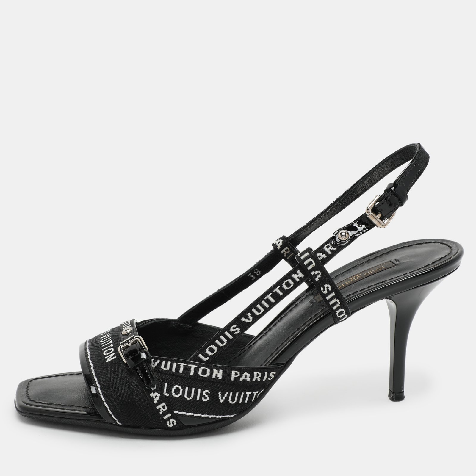 Louis Vuitton Black Patent Leather and Fabric Slingback Sandals Size 38
