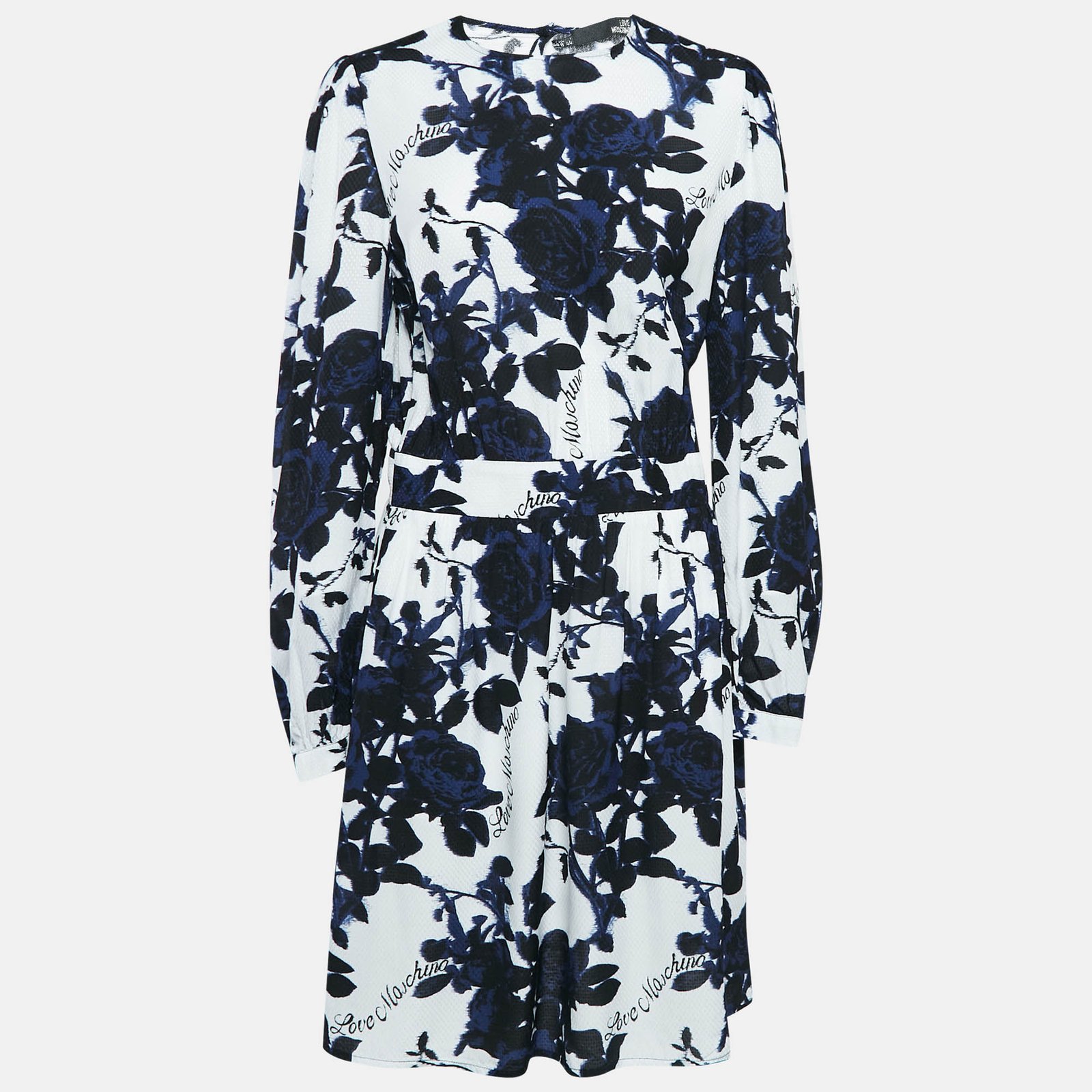 Love Moschino White Rose Print Textured Crepe Short Dress M