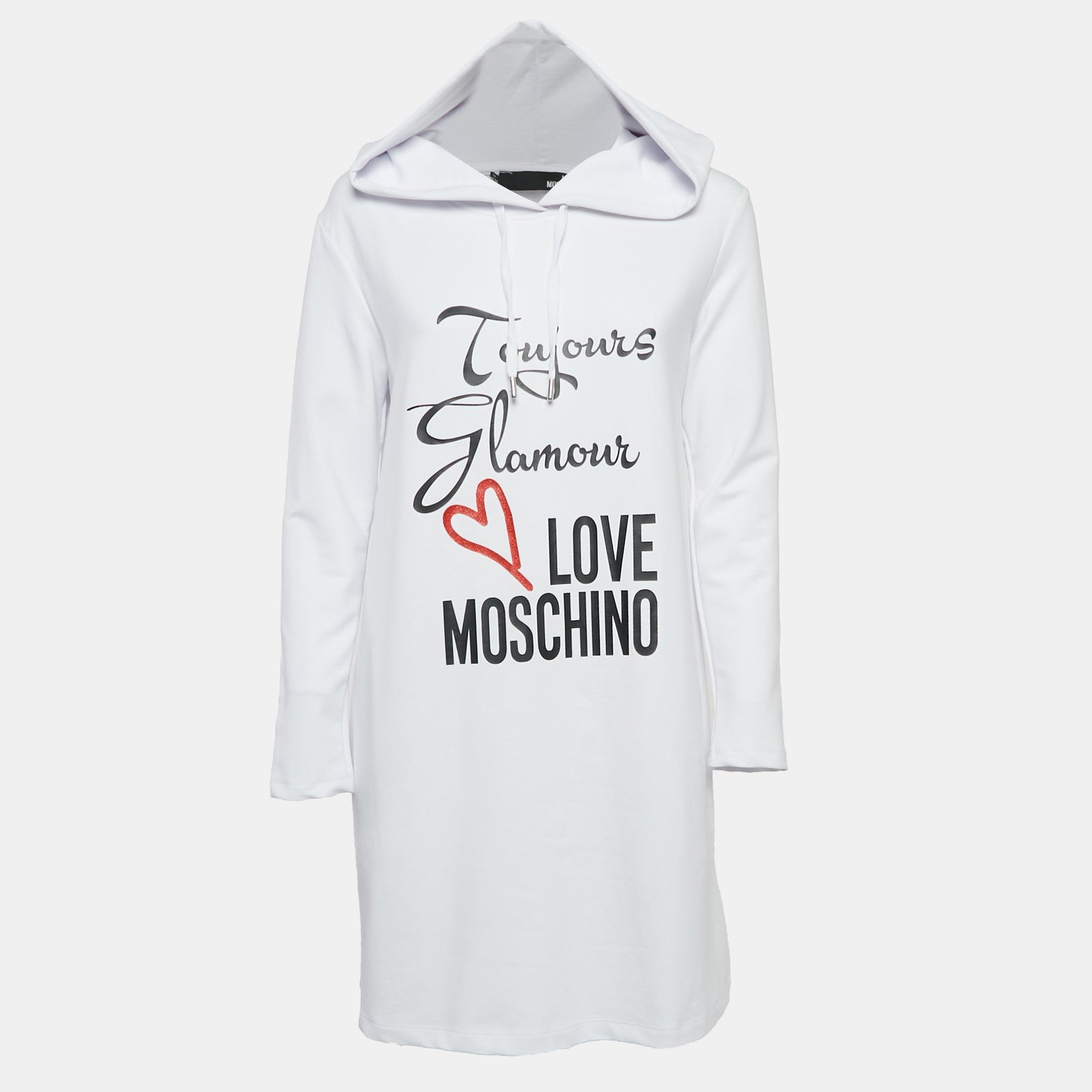 Love Moschino White Printed Cotton Hoodie Dress S