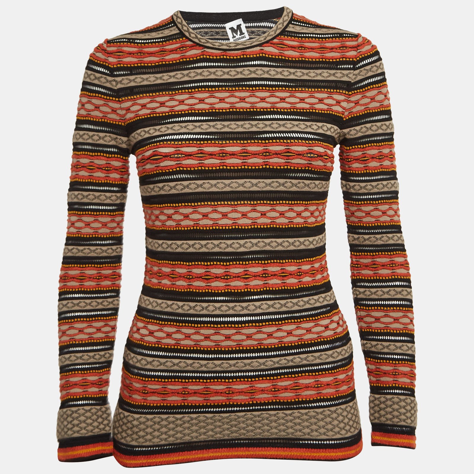 M Missoni Orange/Black Patterned Knit Long Sleeve Top S