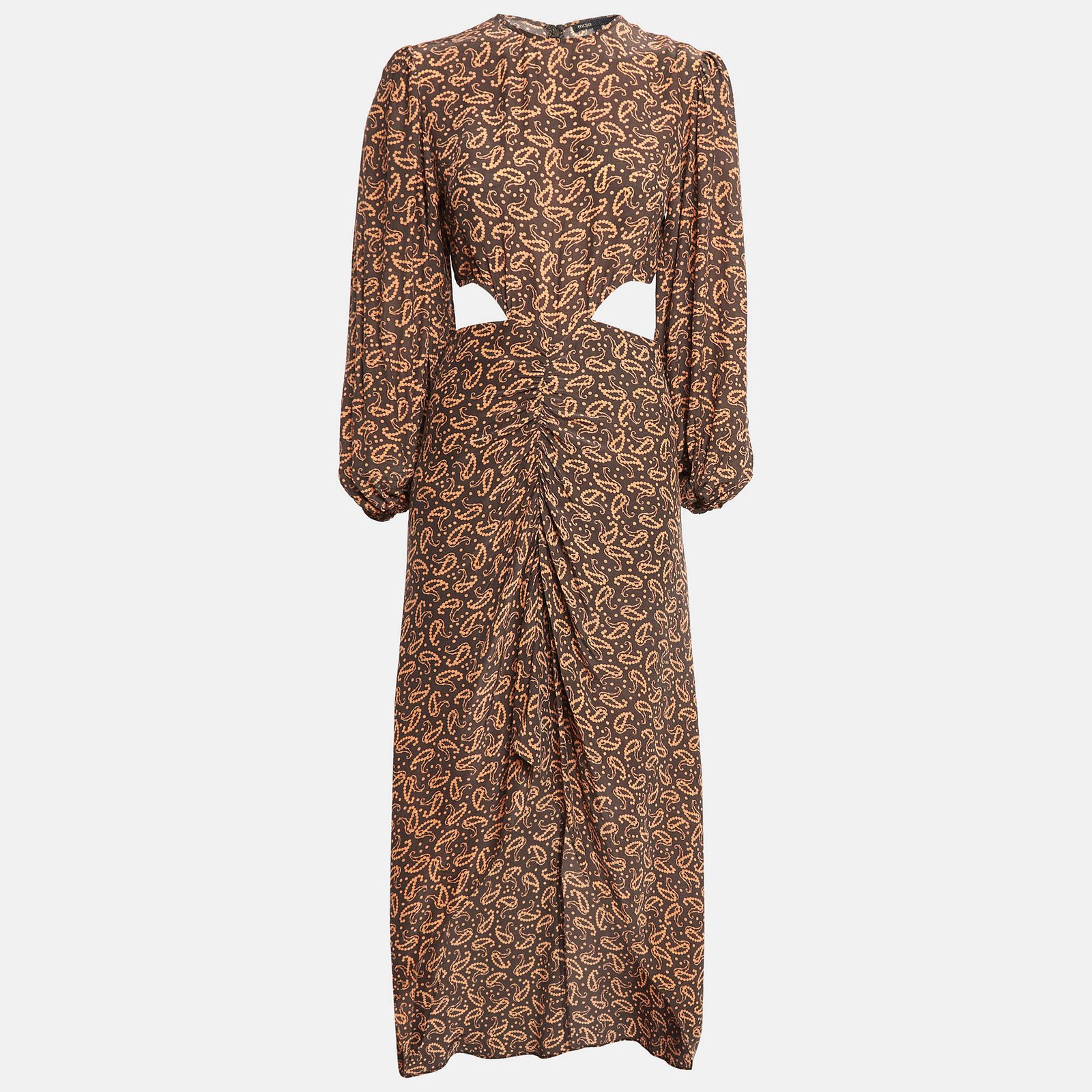 Maje Brown Paisley Print Silk Blend Cut-Out Ruched Maxi Dress S