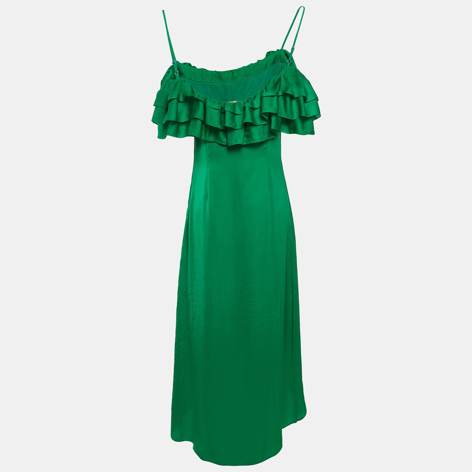 Maje Green Satin Ruffled Rovanta Midi Dress L