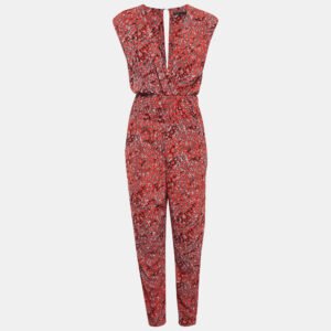 Maje Red Printed Crepe Smocked Detail Jumpsuit M