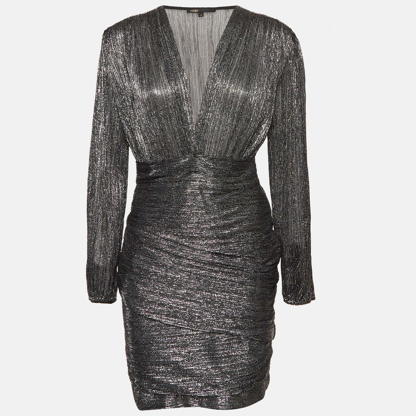 Maje Metallic Lurex Draped V-Neck Mini Dress L