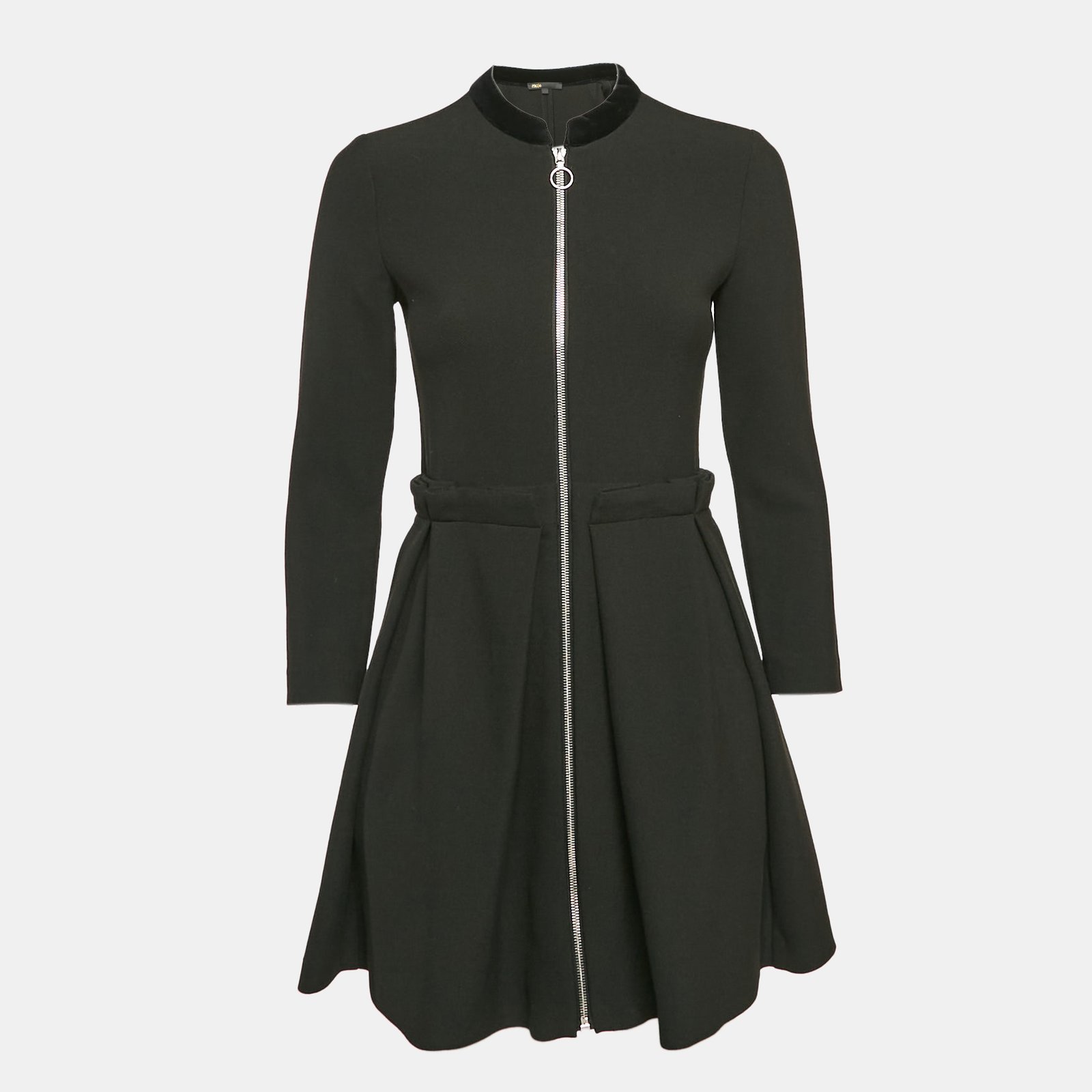 Maje Black Gabardine Pleated Zip-Up Mini Dress S