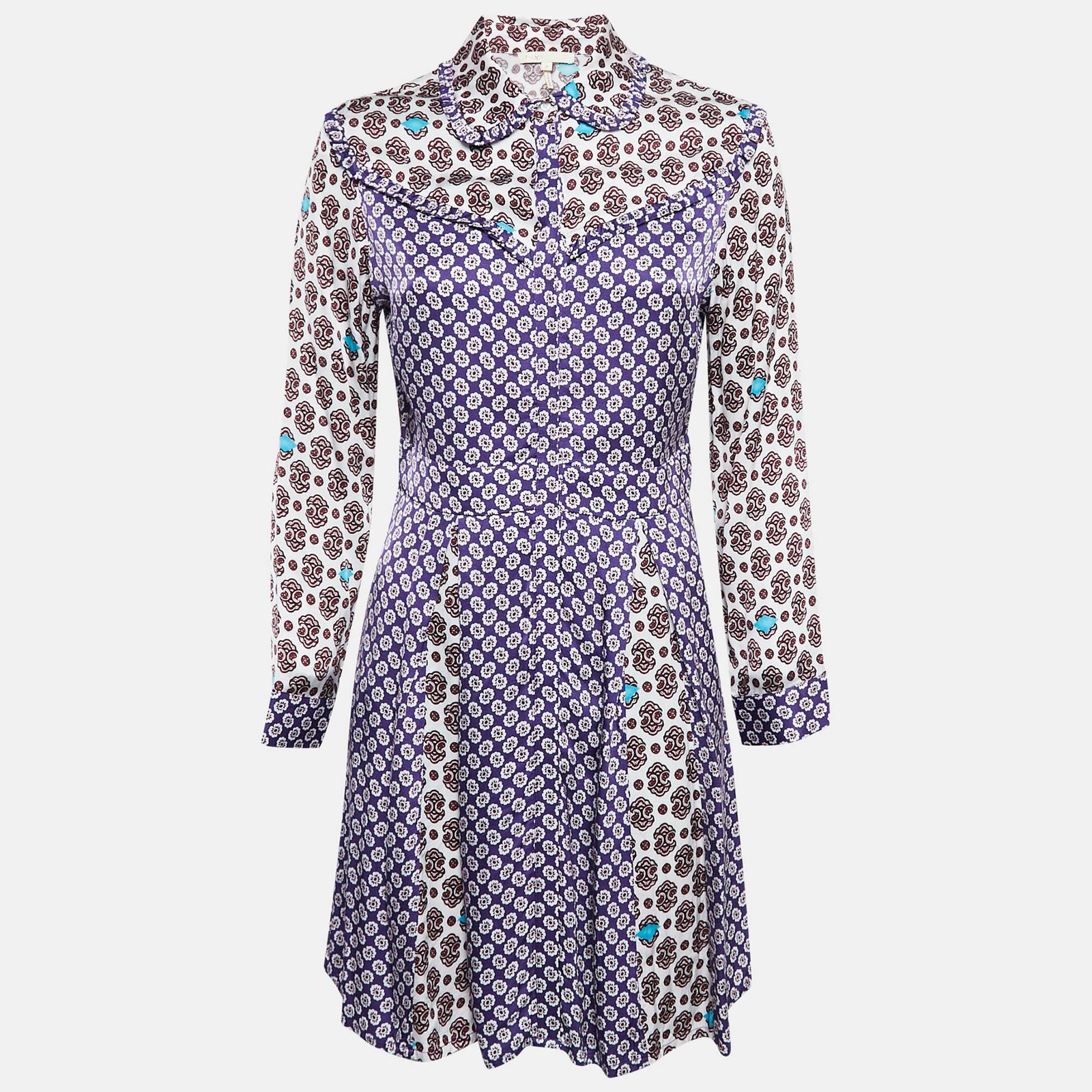 Maje Purple/Multicolor Printed Crepe Button Front Mini Dress M