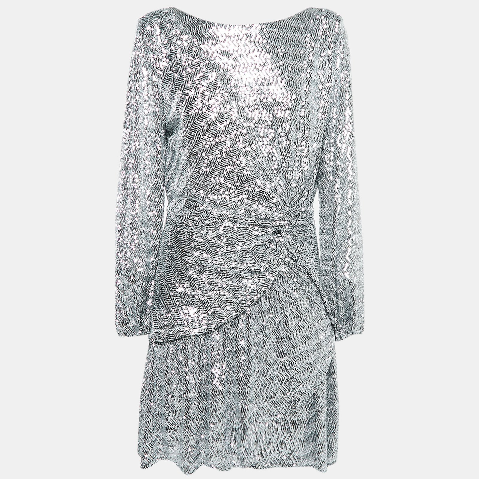 Maje Silver Sequin Crepe Ruched Full Sleeves Mini Dress XL