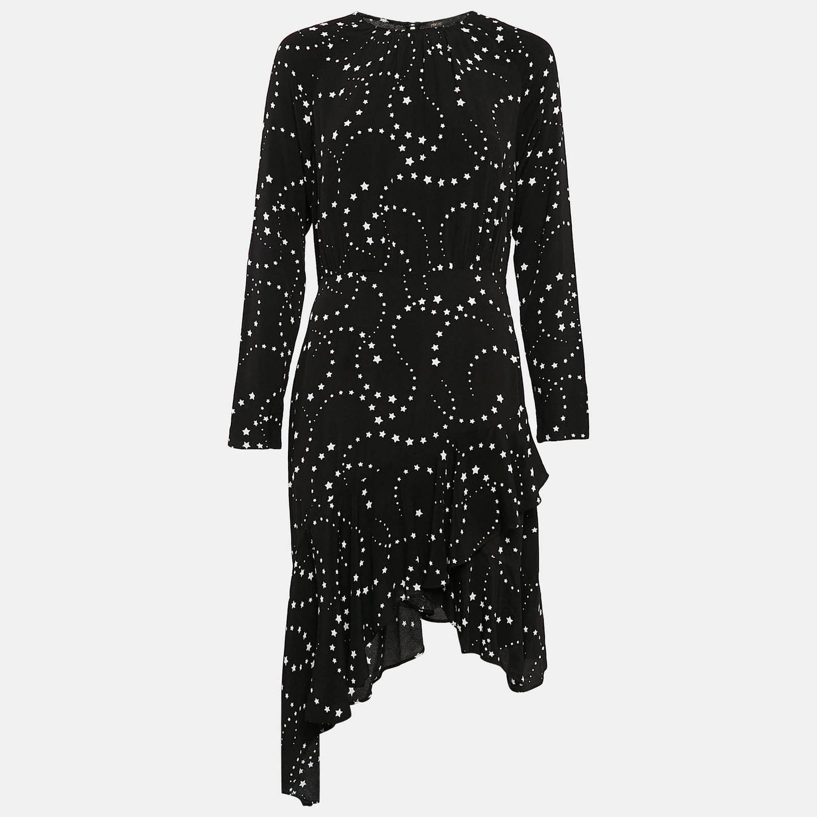 Maje Black Star Print Crepe Asymmetric Midi Dress S