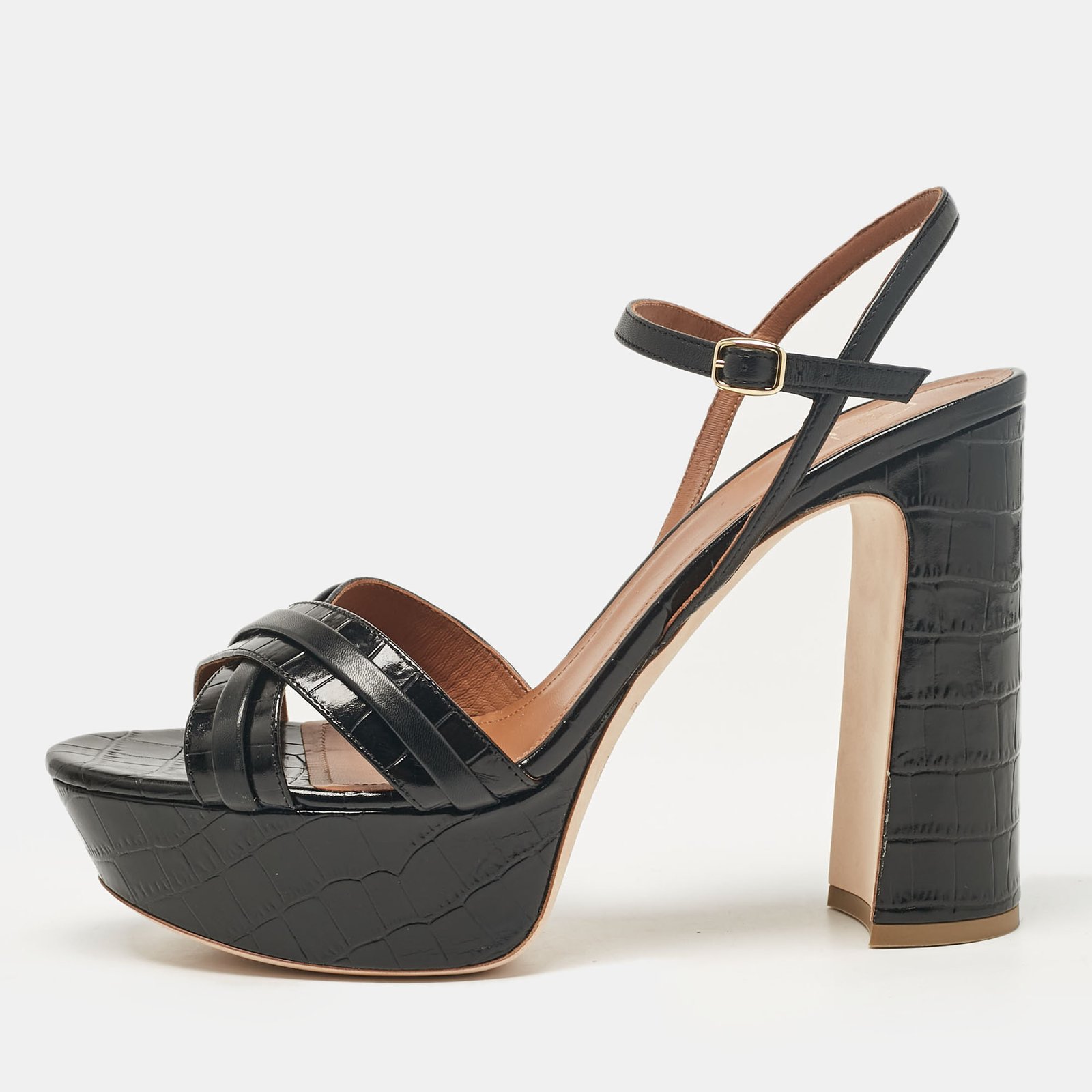Malone Souliers Black Croc Embossed Leather and Leather Mila Ankle Strap Sandals Size 42