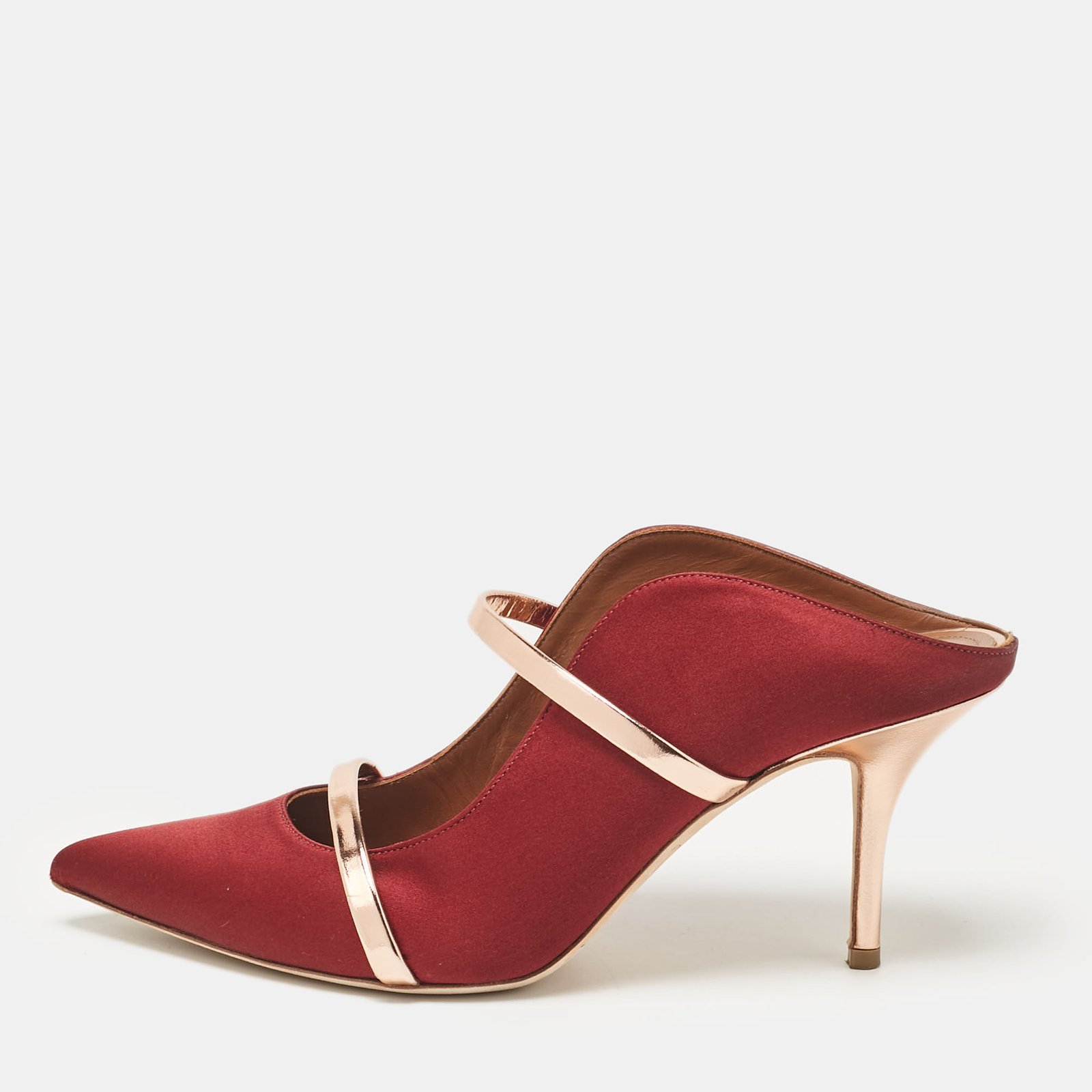 Malone Souliers Burgundy/Gold Satin and Leather Maureen Mules Size 40.5