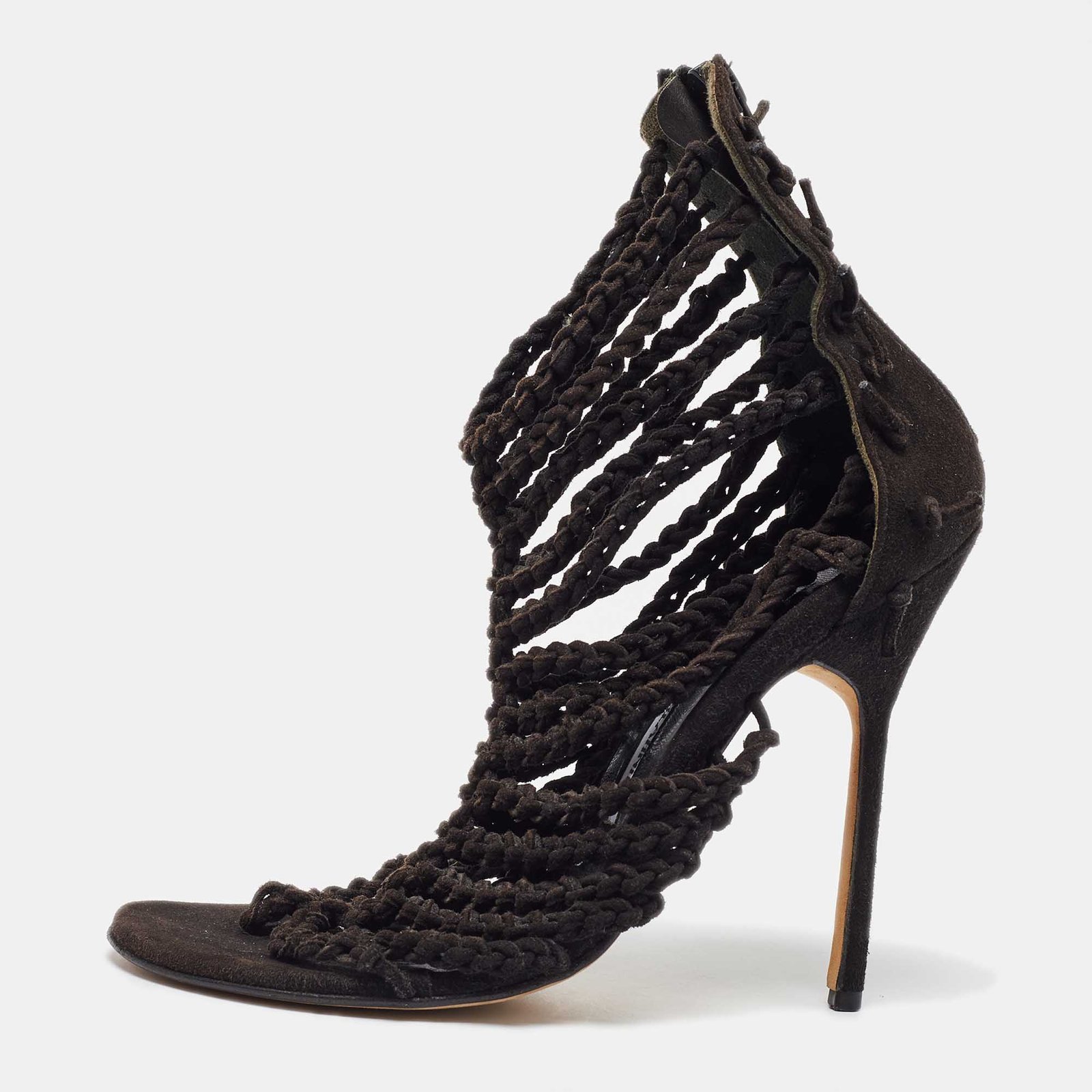 Manolo Blahnik Black Suede Braided Ankle Strap Sandals Size 36.5