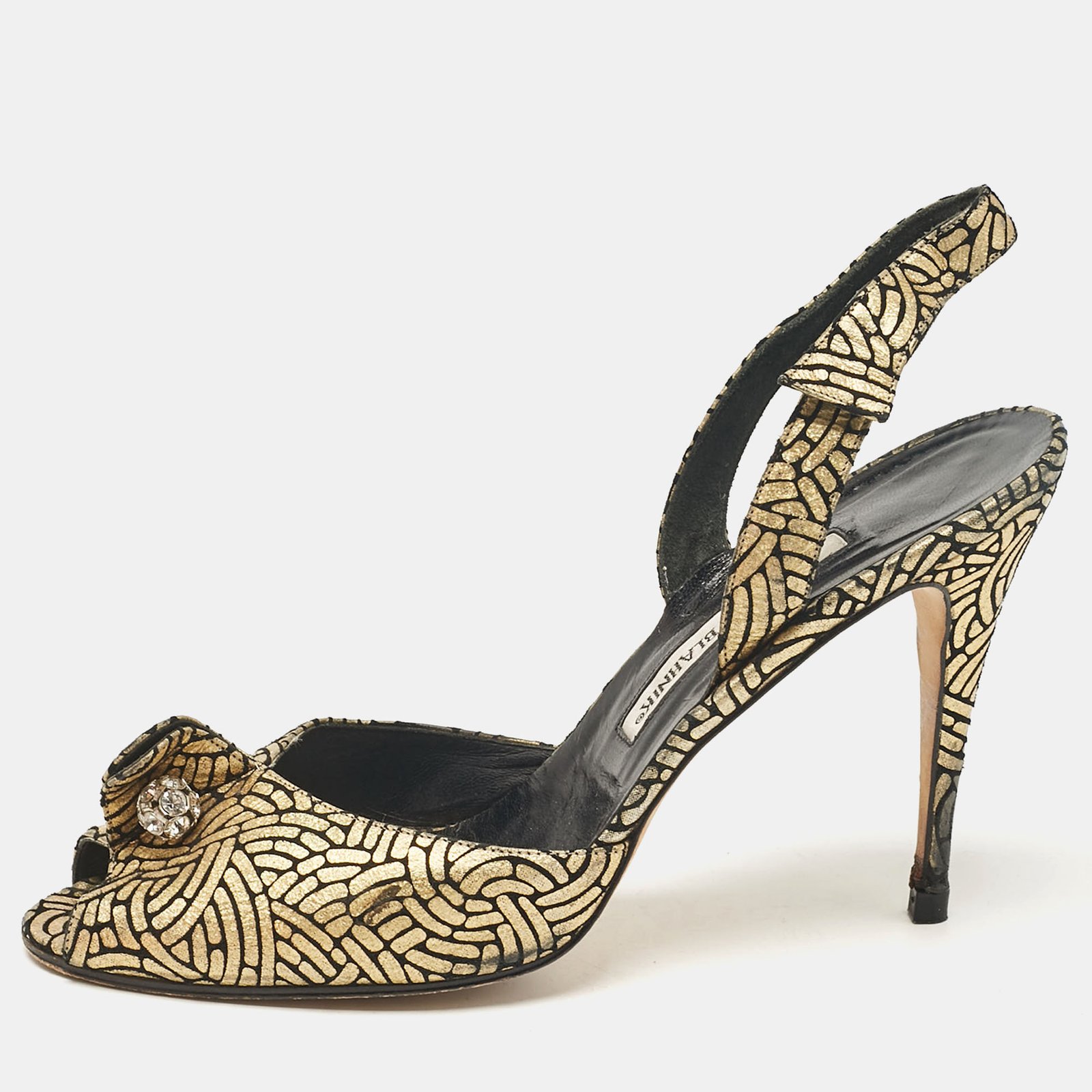 Manolo Blahnik Gold/Black Leather Slingback Sandals Size 40