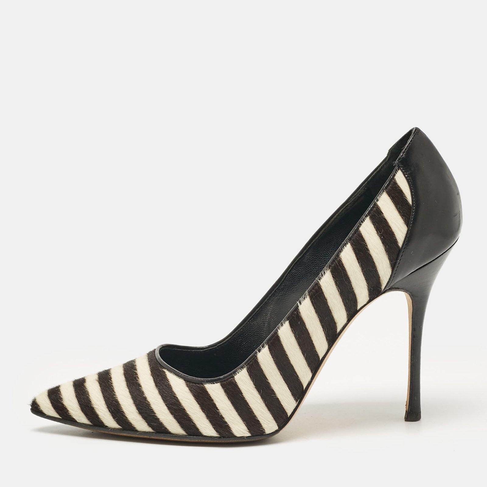Manolo Blahnik Black Calfhair and Leather Stiped Pumps Size 38