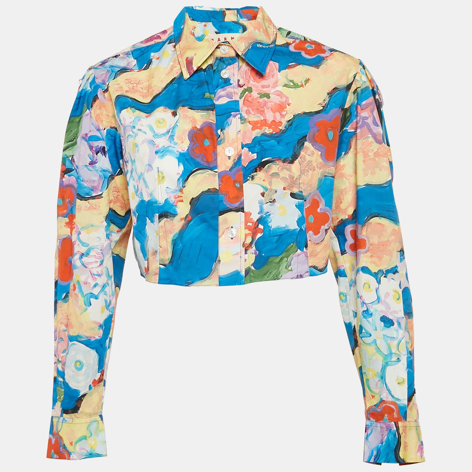 Marni Blue Floral Print Cotton Crop Shirt XS