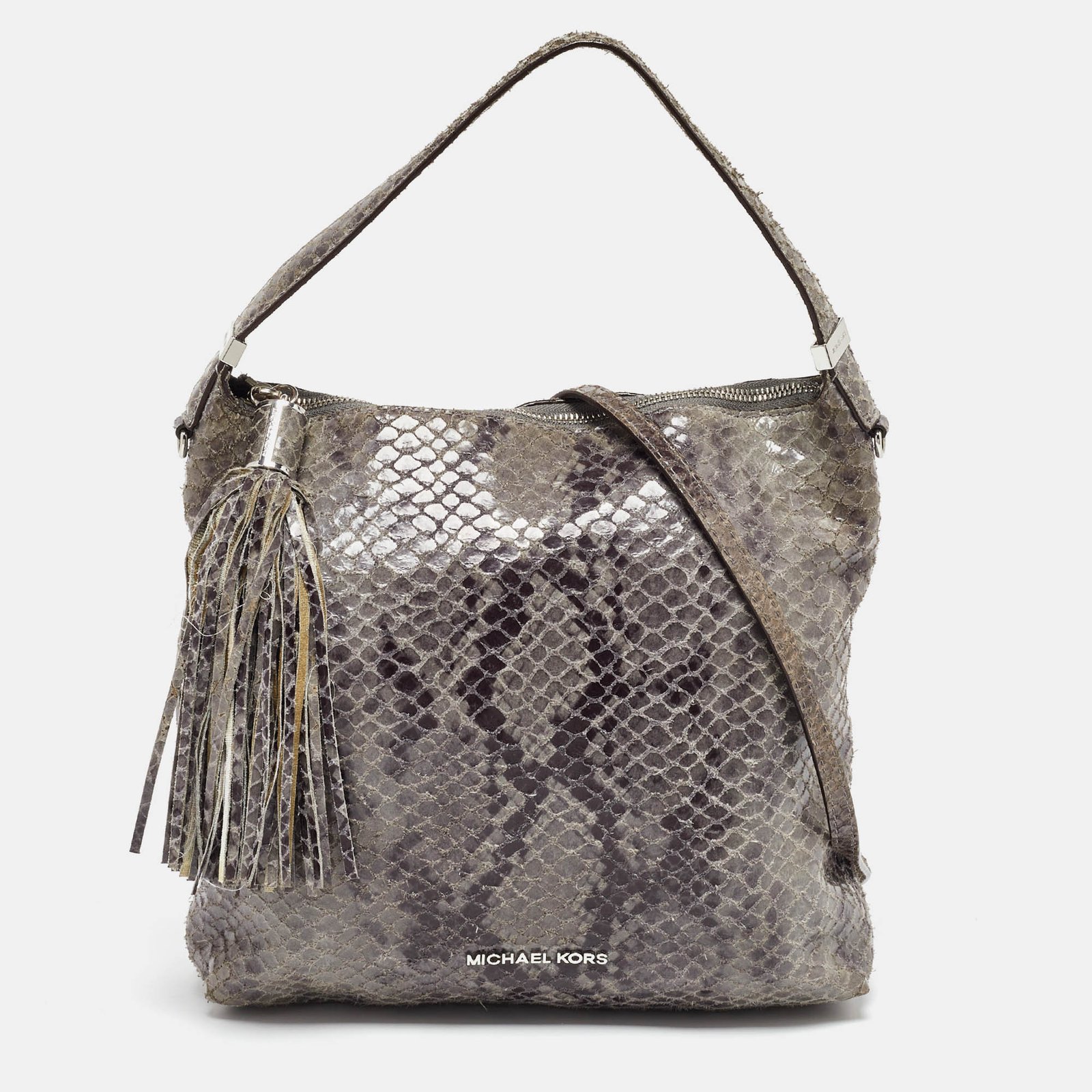 Michael Kors Grey Snakeskin Embossed Leather Bedford Shoulder Bag