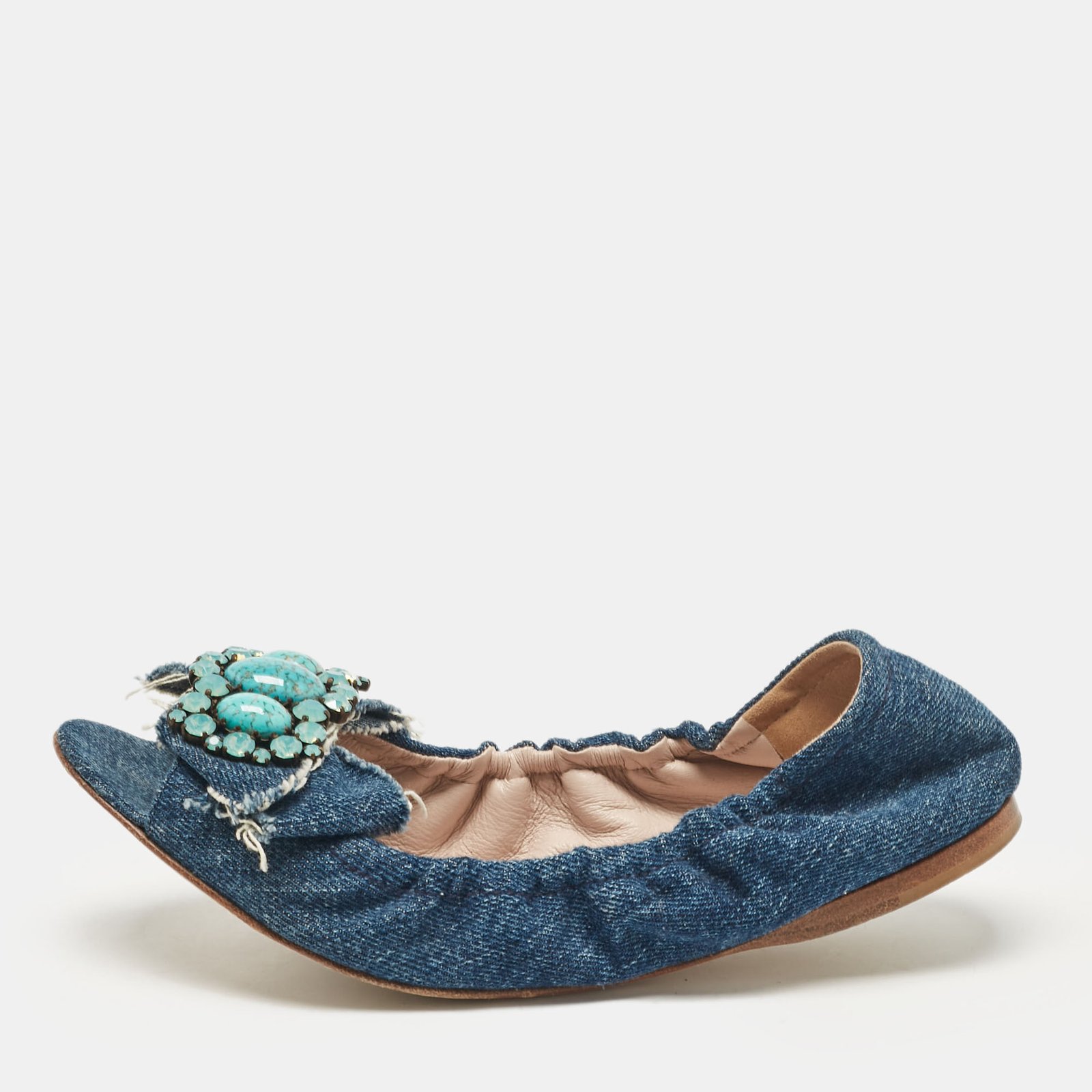 Miu Miu Blue Denim Crystal Embellished Bow Scrunch Open Toe Flats Size 37