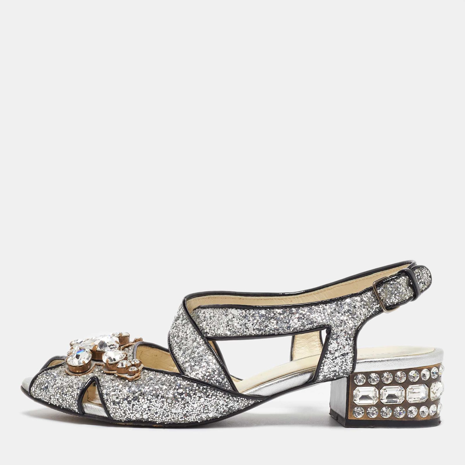 Miu Miu Silver Glitter and Patent Leather Embellished Ankle Strap Sandals Size 36