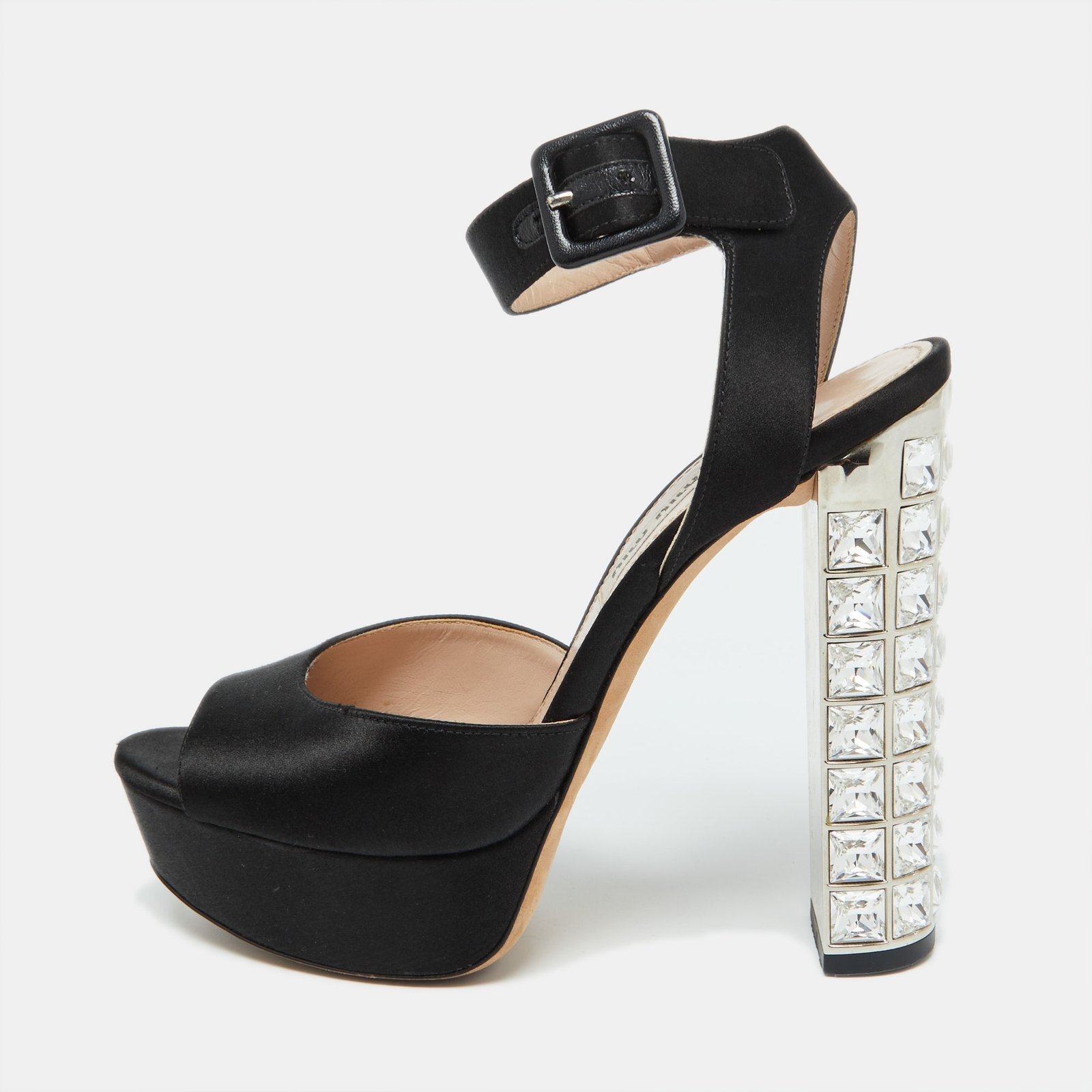 Miu Miu Black Satin Crystal Embellished Block Heel Platform Sandals Size 35.5