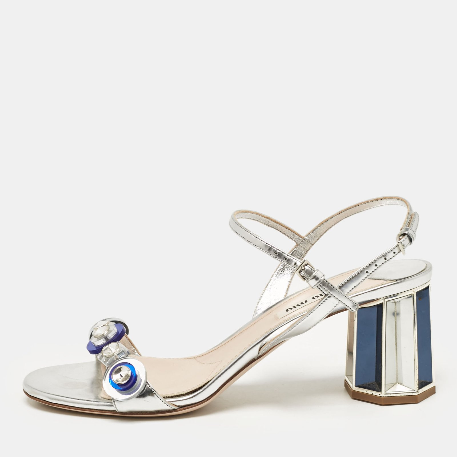 Miu Miu Silver Leather Crystal Embellished Ankle Strap Sandals Size 38