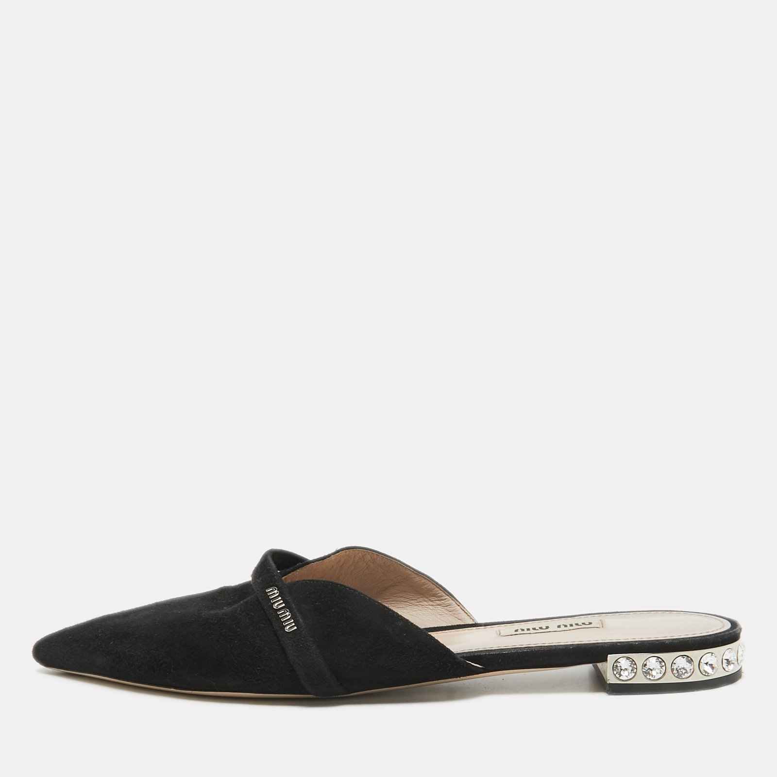 Miu Miu Black Suede Crystal Embellished Flat Mules Size 39.5