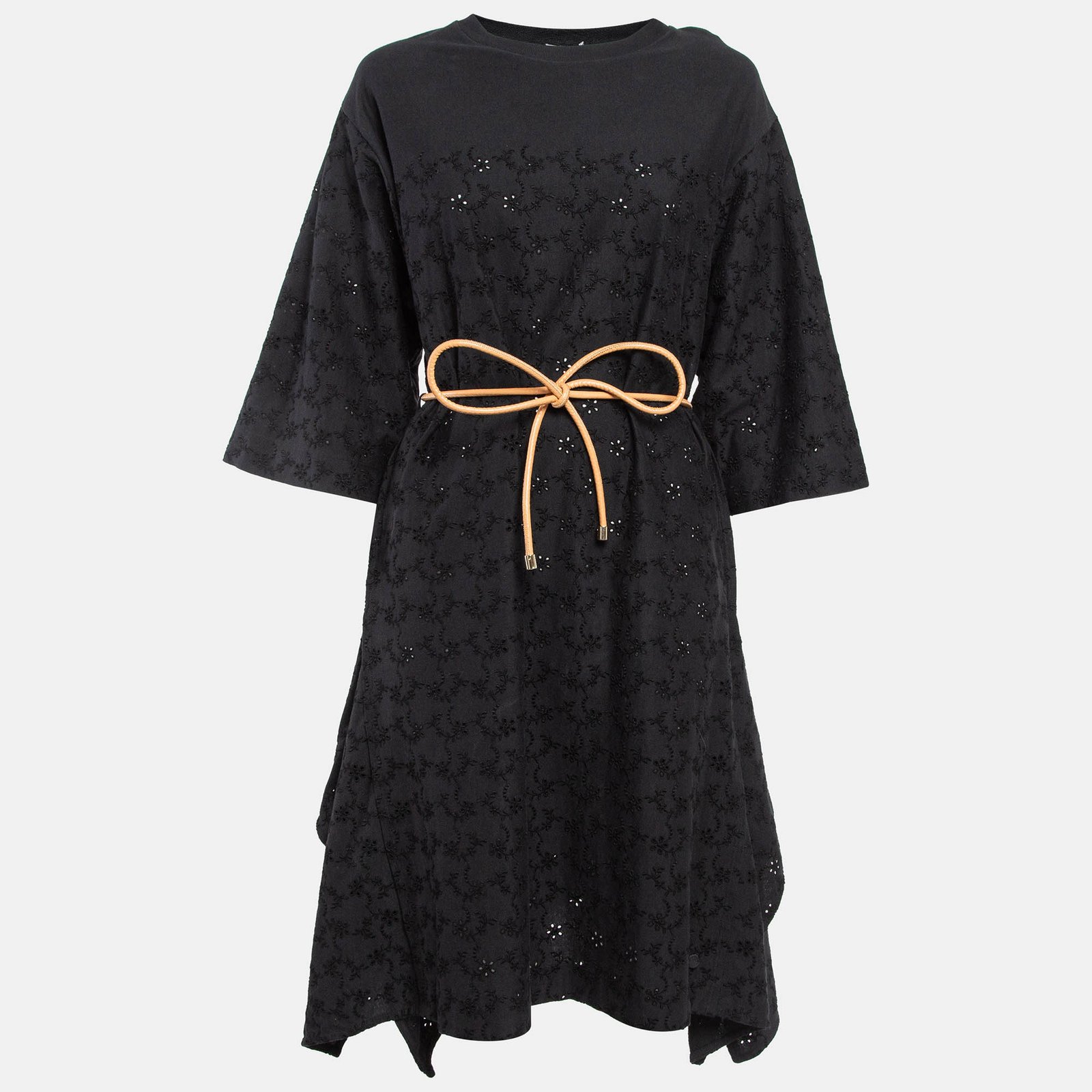 Moncler Black Broderie Anglaise Embroidered Cotton Asymmetric Midi Dress XS