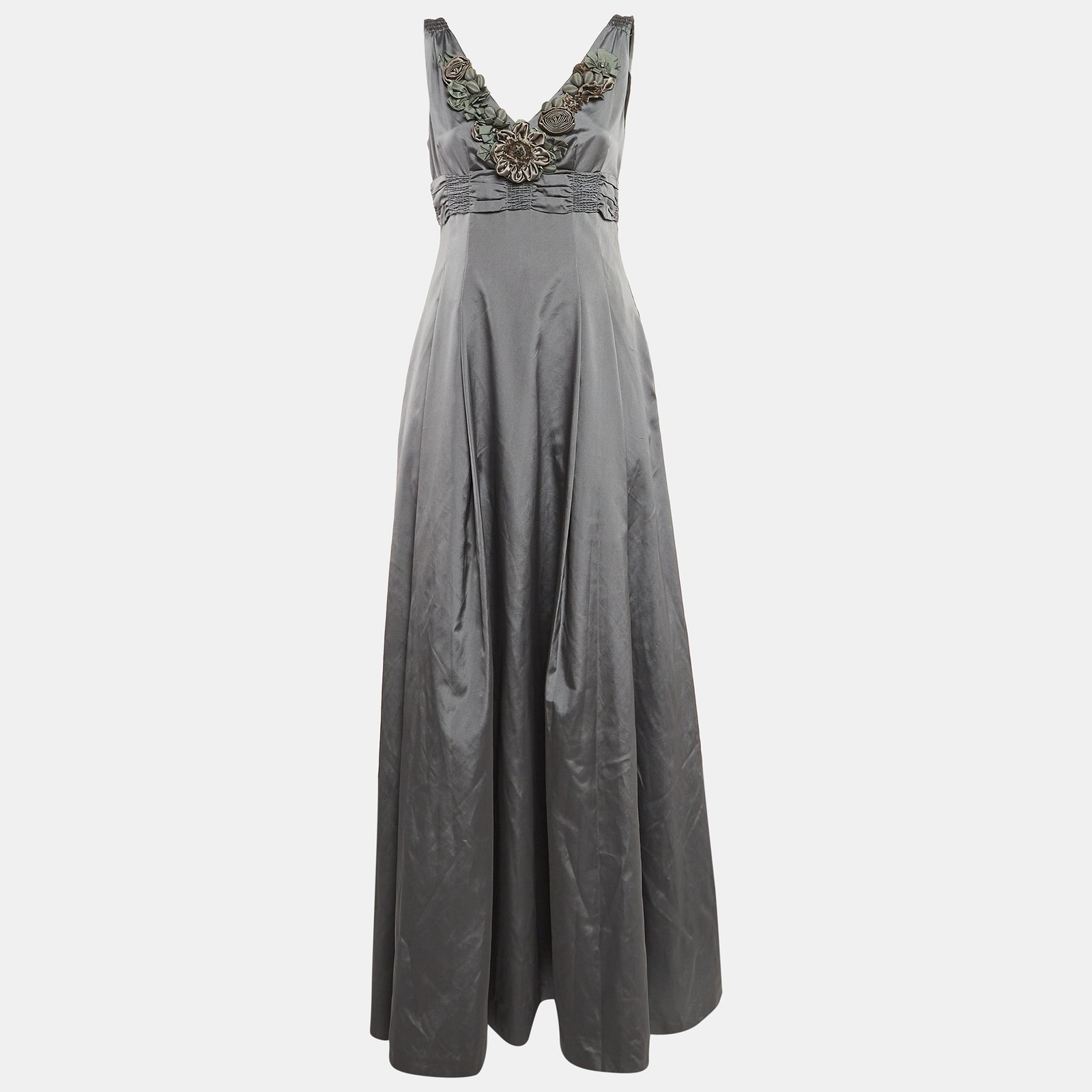 Moschino Vintage Grey Floral Detail Neck Silk Blend Pleated Gown M