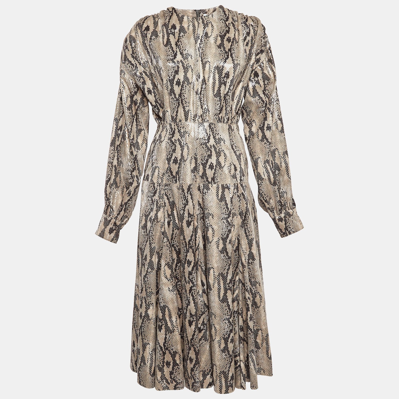 MSGM Brown Python Skin Pattern Faux Leather Midi Dress M