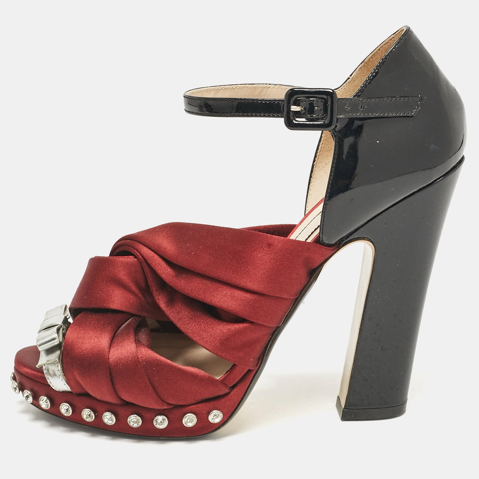 N°21 Burgundy/Black Patent Leather and Satin Ankle Strap Sandals Size 40